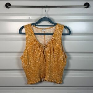 Bila 77 Smocked Tank Top Womens XL Mustard Yellow Paisley Crop Tie Neck
